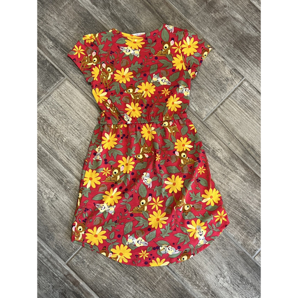 Disney Bambi Thumper Floral Red Dress Girls Character Print Size 8 - Picture 2 of 5